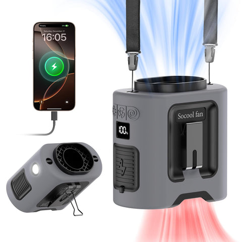 Socool waist clip fan with 360° rotation showing versatile airflow directions.