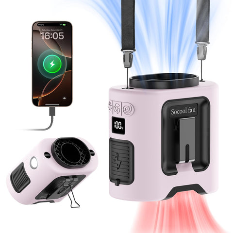 Socool fan waist-clip with 360-degree rotation for hands-free cooling during work.