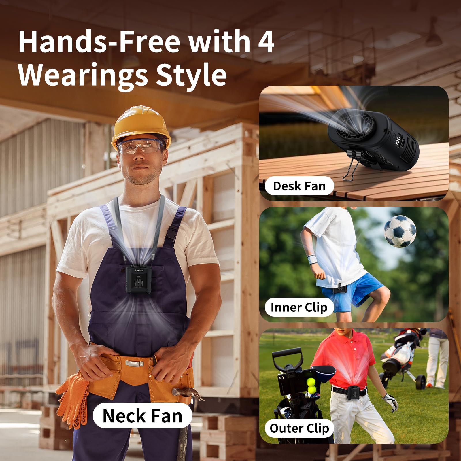 Socool multi-use design works as belt clip, desk stand, or neck fan.