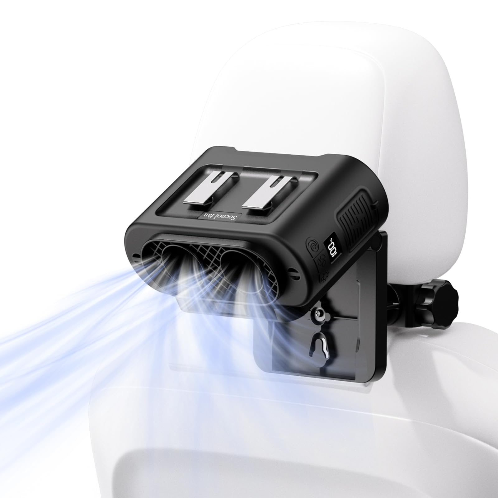 Socool portable car fan clipped to headrest for backseat cooling on long trips
