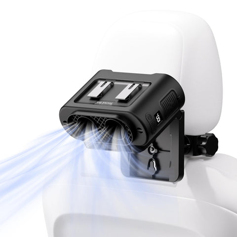 Socool portable car fan clipped to headrest for backseat cooling on long trips