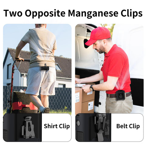 Socool silicone cover and non-slip clamp protect and secure the wearable fan.