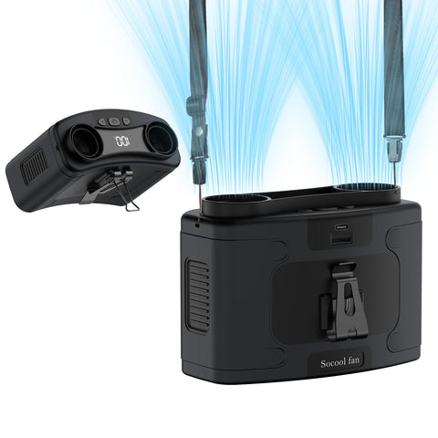 Socool waist clip fan showing secure clip-on cooling for hands-free use.
