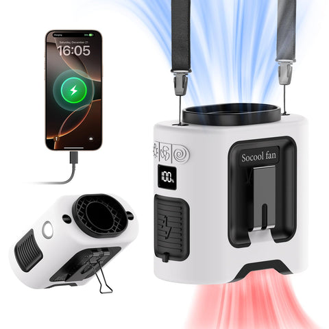 Socool waist clip fan attached to belt for hands-free cooling outdoors.