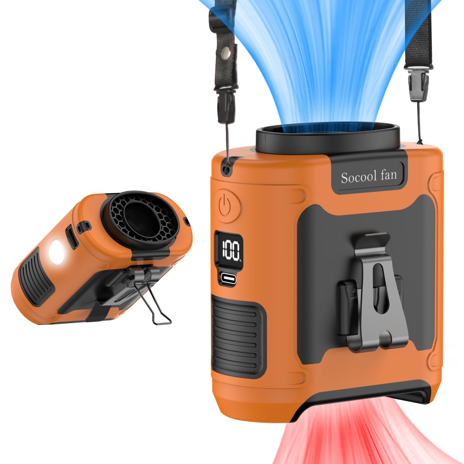 Socool waist fan clip-on wearable orange for hands-free cooling during outdoor activities.