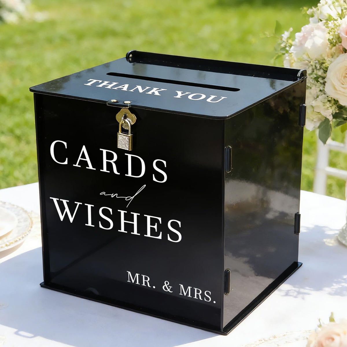 SOFARKKT black acrylic card box with slot and lock for secure guest messages.