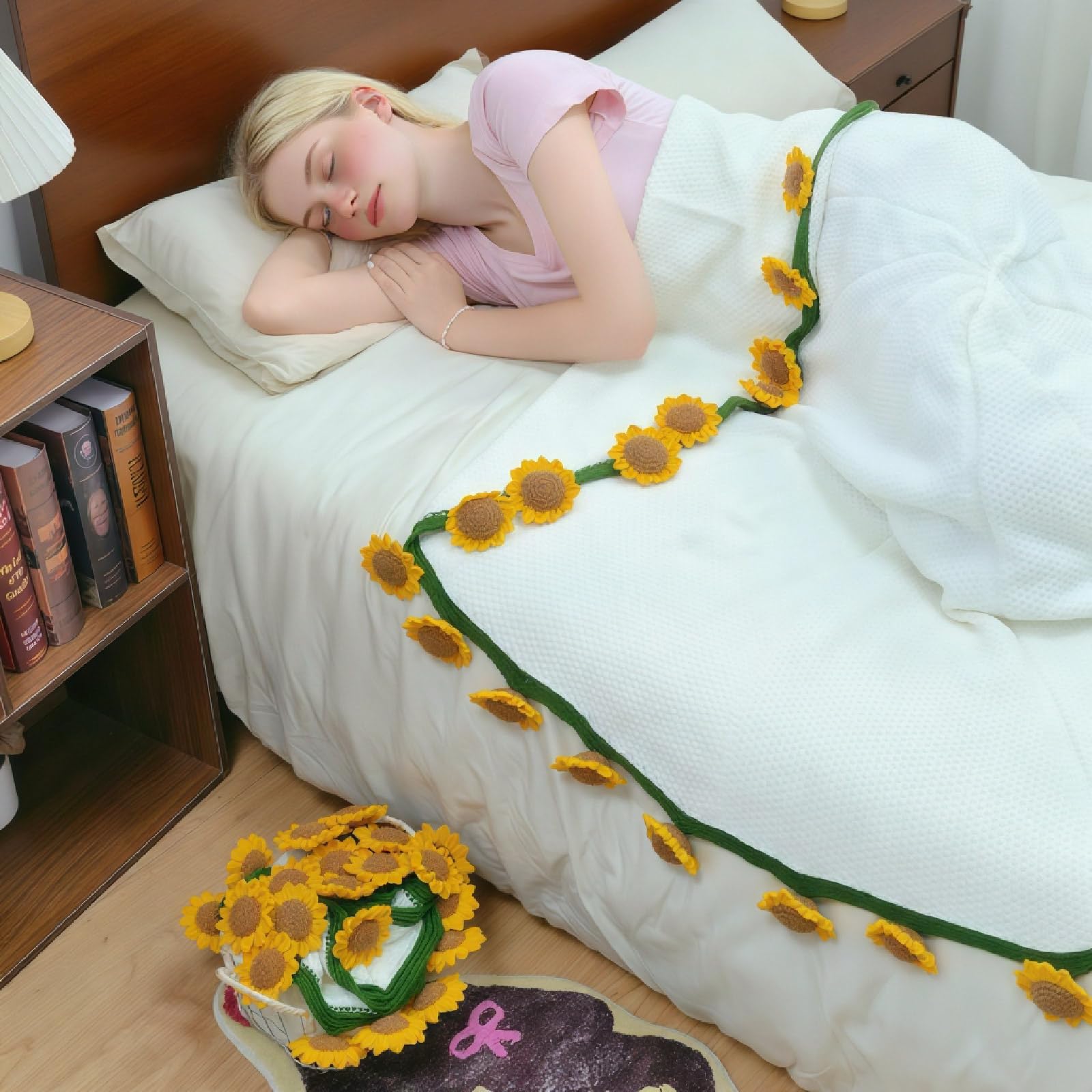 SoffMoiis crochet sunflower bouquet blanket 40 inch on sofa highlighting softness