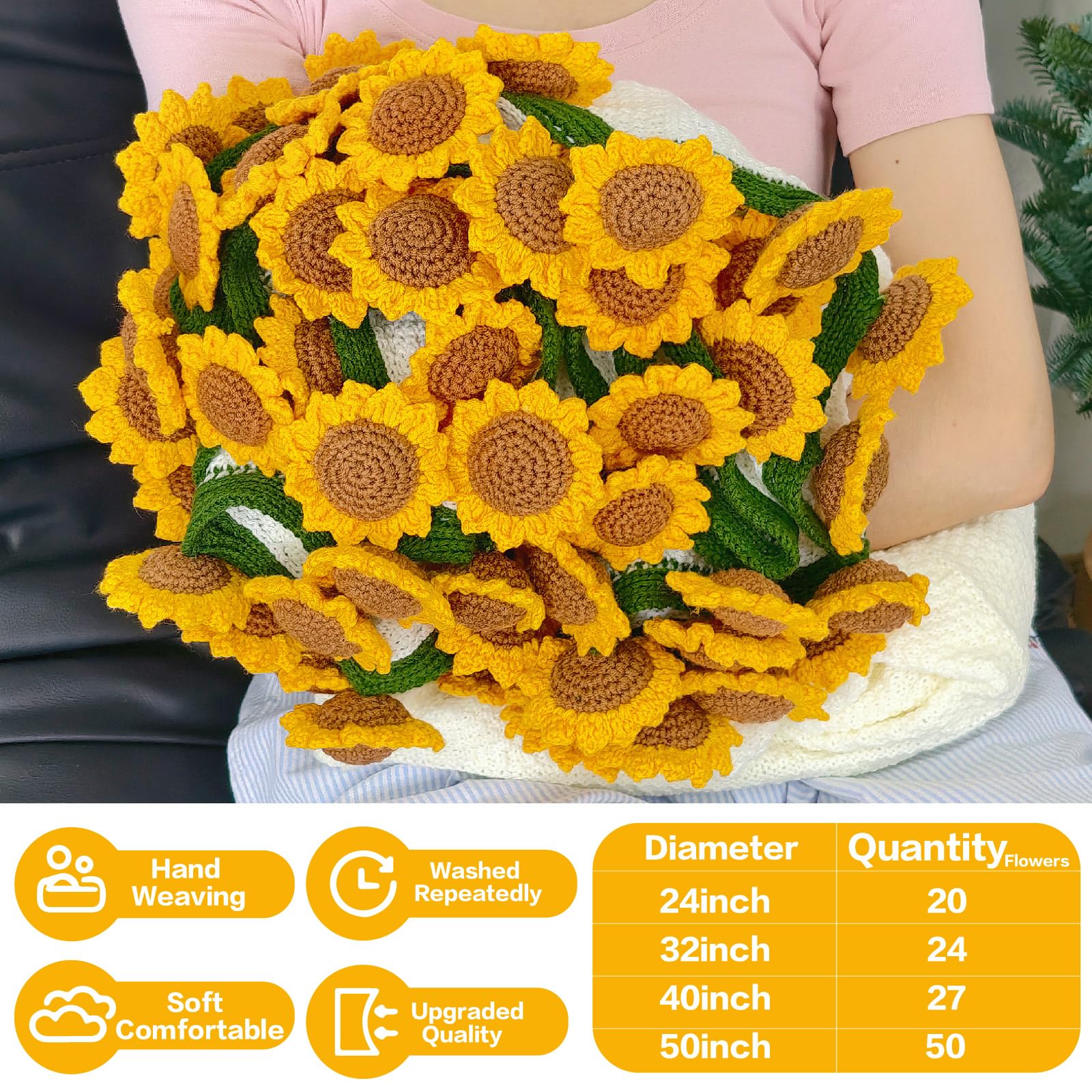 SoffMoiis crochet sunflower bouquet blanket 59 inch round draped around shoulders