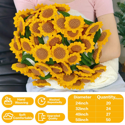 SoffMoiis crochet sunflower bouquet blanket 59 inch round draped around shoulders