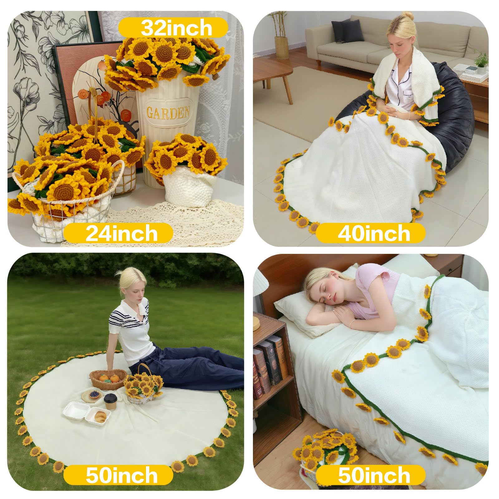 SoffMoiis crochet sunflower bouquet blanket rolled form bouquet-like versatility