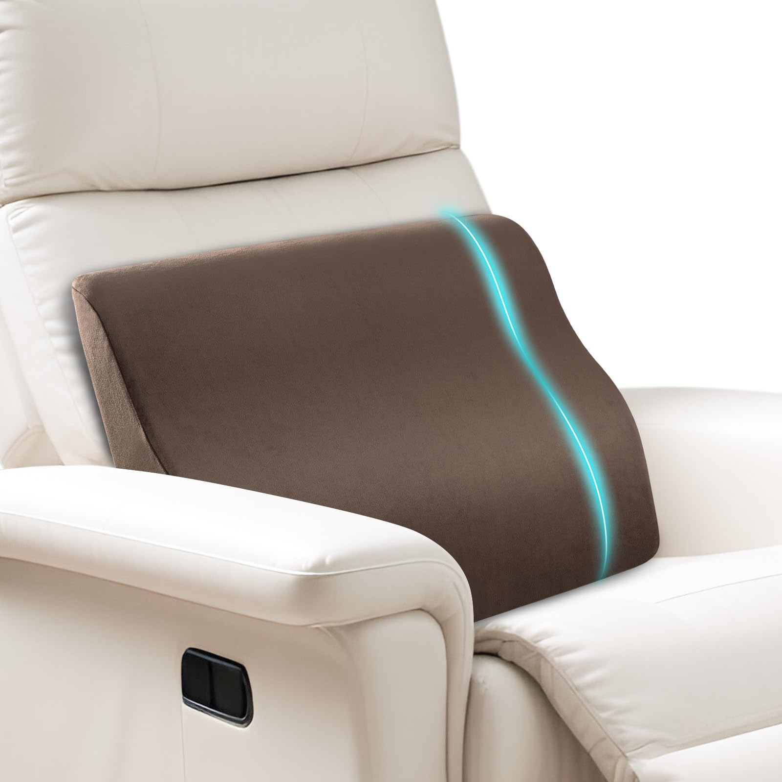 SofGlowly lumbar support pillow in recliner side view provides steady back support