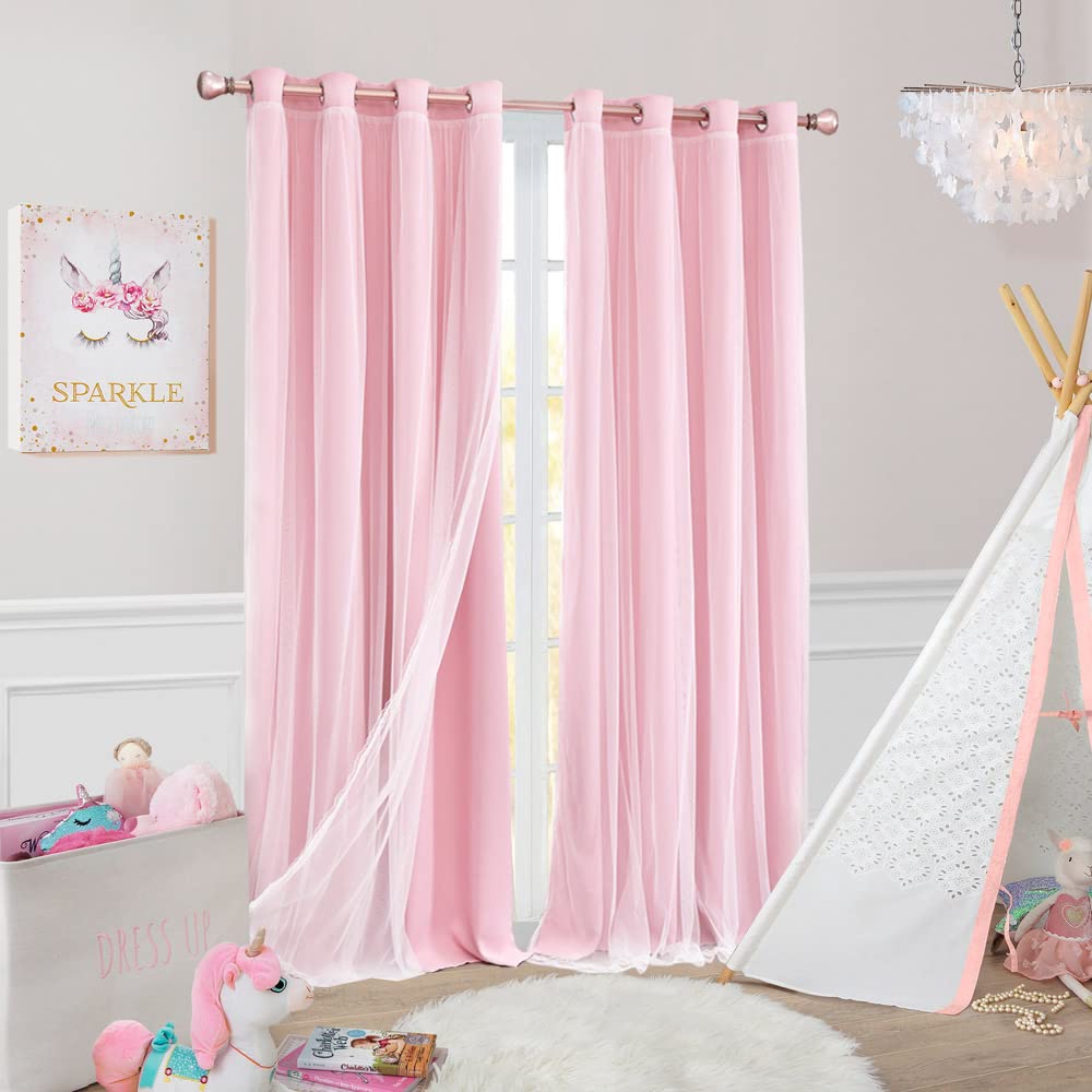 SOFJAGETQ pink blackout curtains crushed sheer with lace seam.