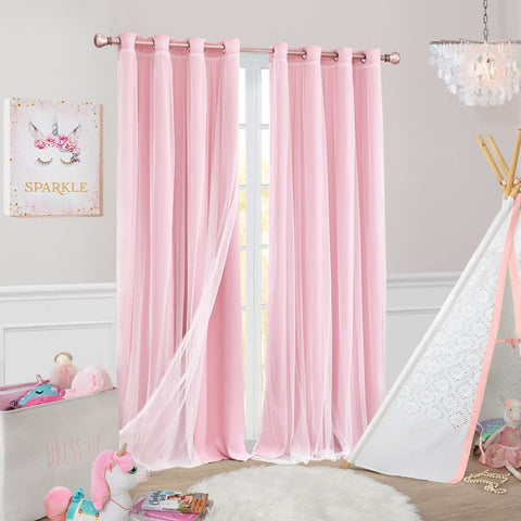 SOFJAGETQ pink blackout curtains crushed sheer with lace seam.