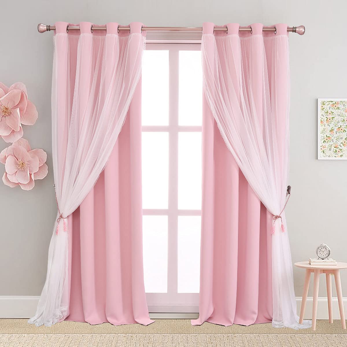 SOFJAGETQ pink blackout curtains front view for a soft, private bedroom ambiance.