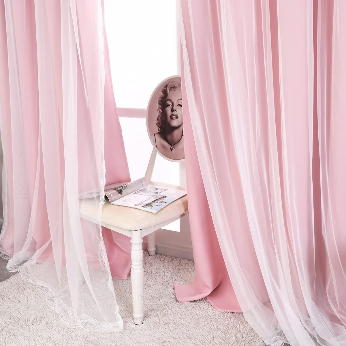 SOFJAGETQ pink blackout curtains with lace trim accent for romantic decor.