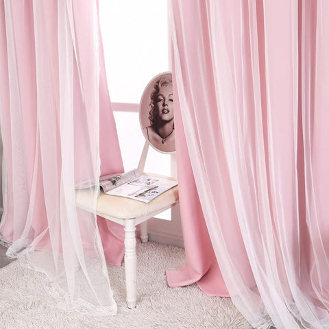 SOFJAGETQ pink blackout curtains with lace trim accent for romantic decor.