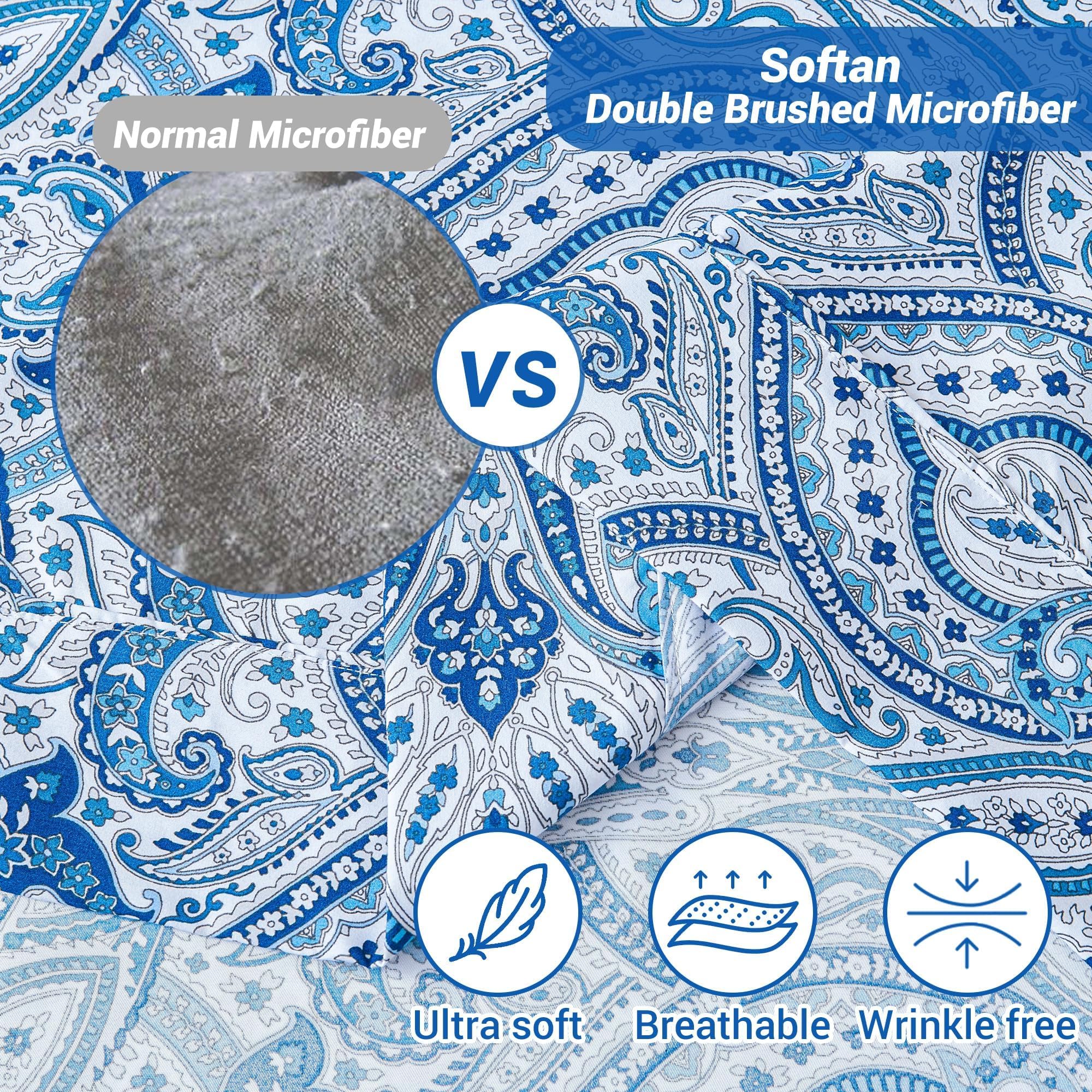 Softan blue paisley fitted sheet highlights 15-inch deep pocket for thick mattresses.