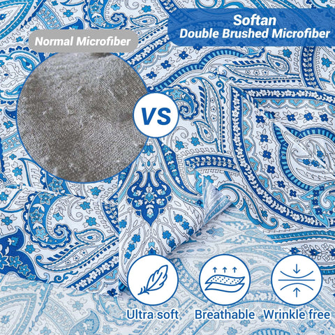 Softan blue paisley fitted sheet highlights 15-inch deep pocket for thick mattresses.