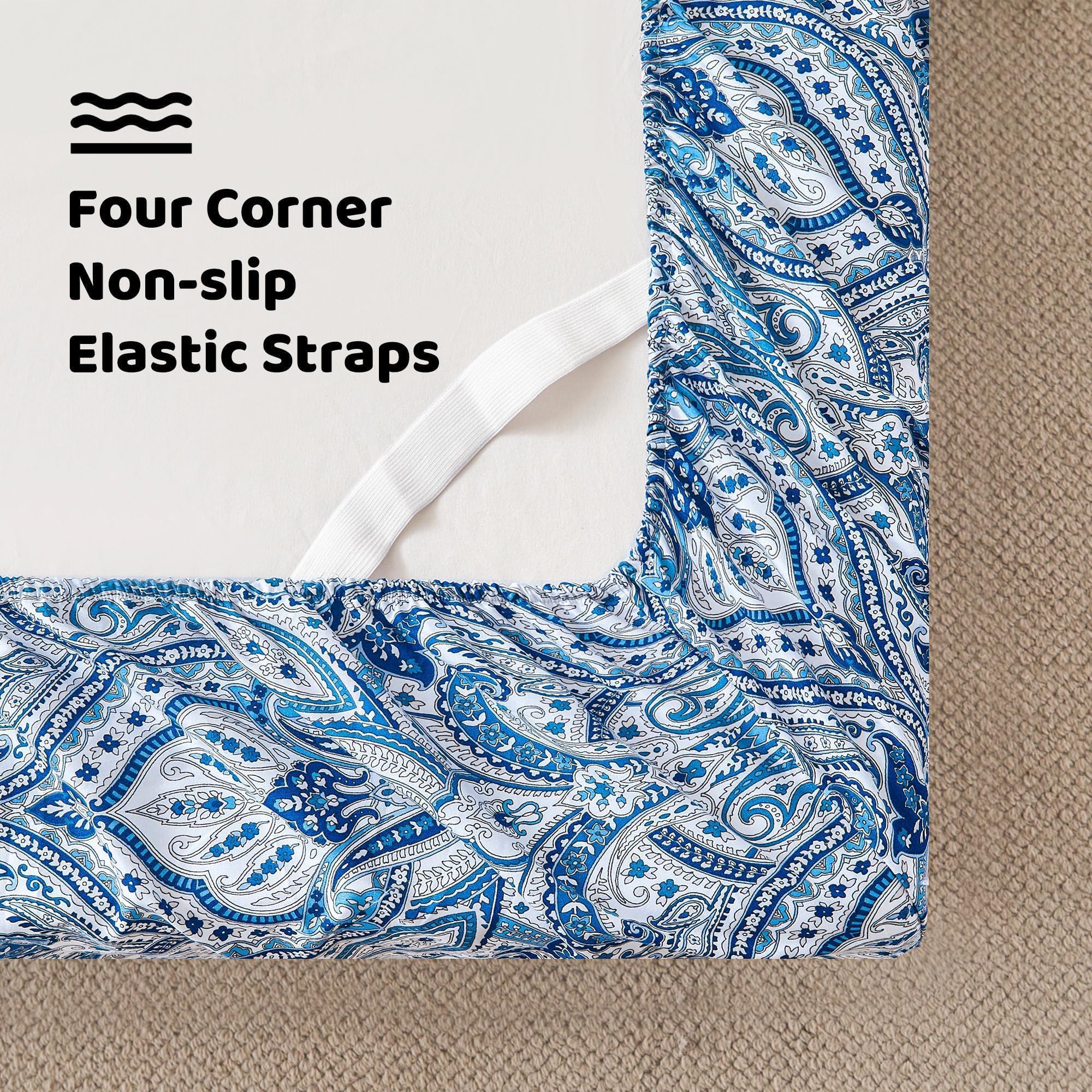 Softan blue paisley flat sheet with durable weave for year-round comfort.