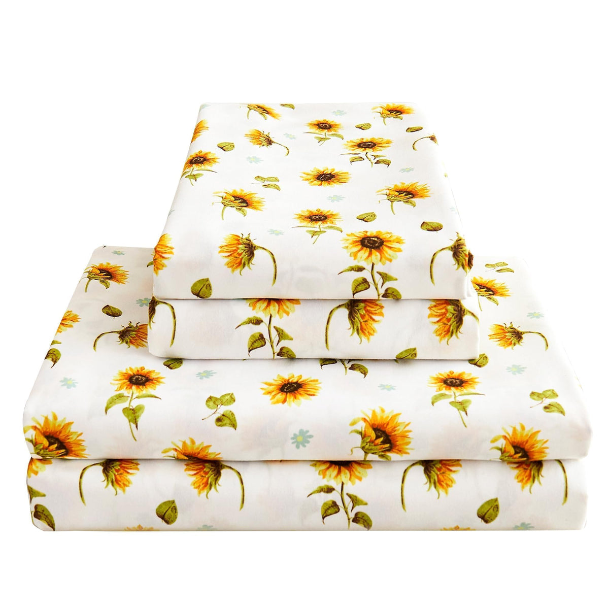 Softan floral sheet set with sunflower print on queen bed for bright bedroom vibes.