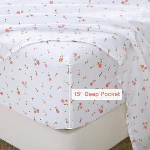 Softan pink floral queen flat sheet provides smooth drape and easy care compatibility.
