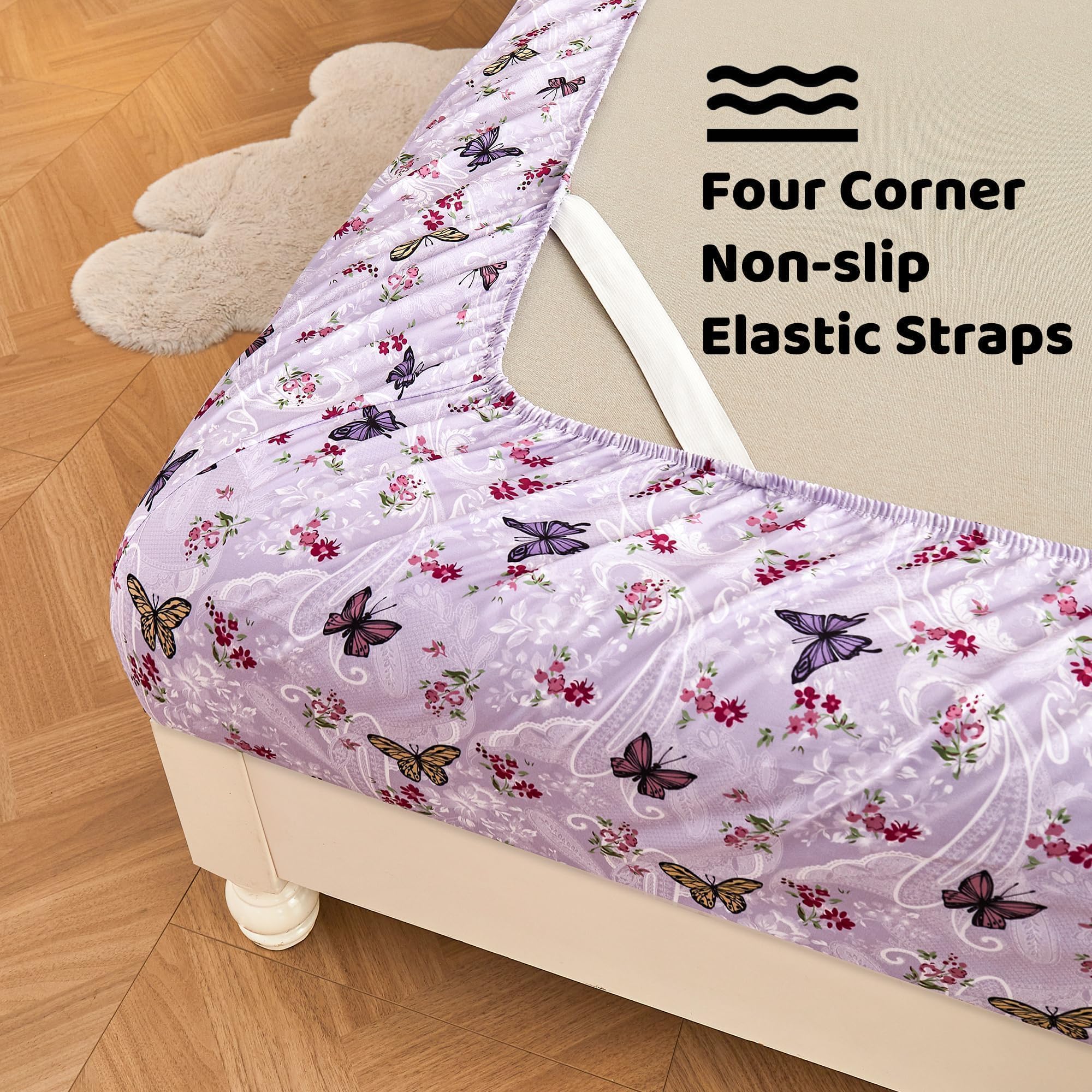 Softan purple butterfly pattern sheets add color to the bed.