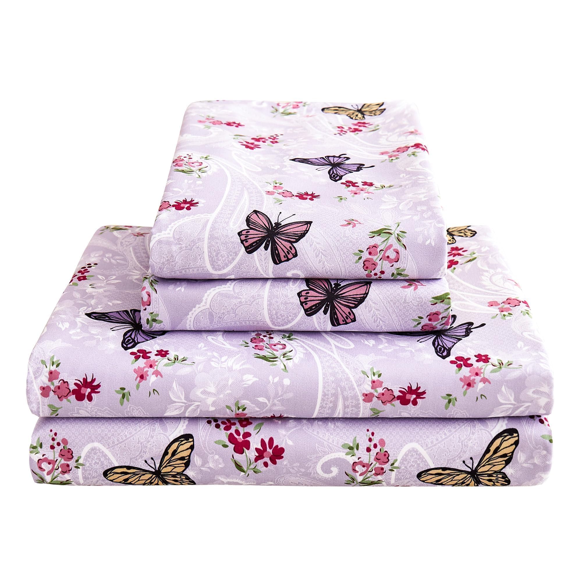 Softan purple floral bed sheets full set with paisley butterfly pattern for a soft, cozy sleep.