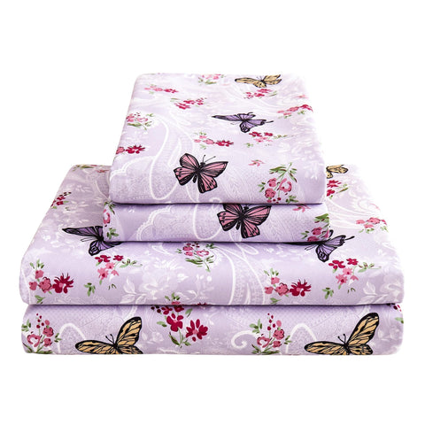 Softan purple floral bed sheets full set with paisley butterfly pattern for a soft, cozy sleep.
