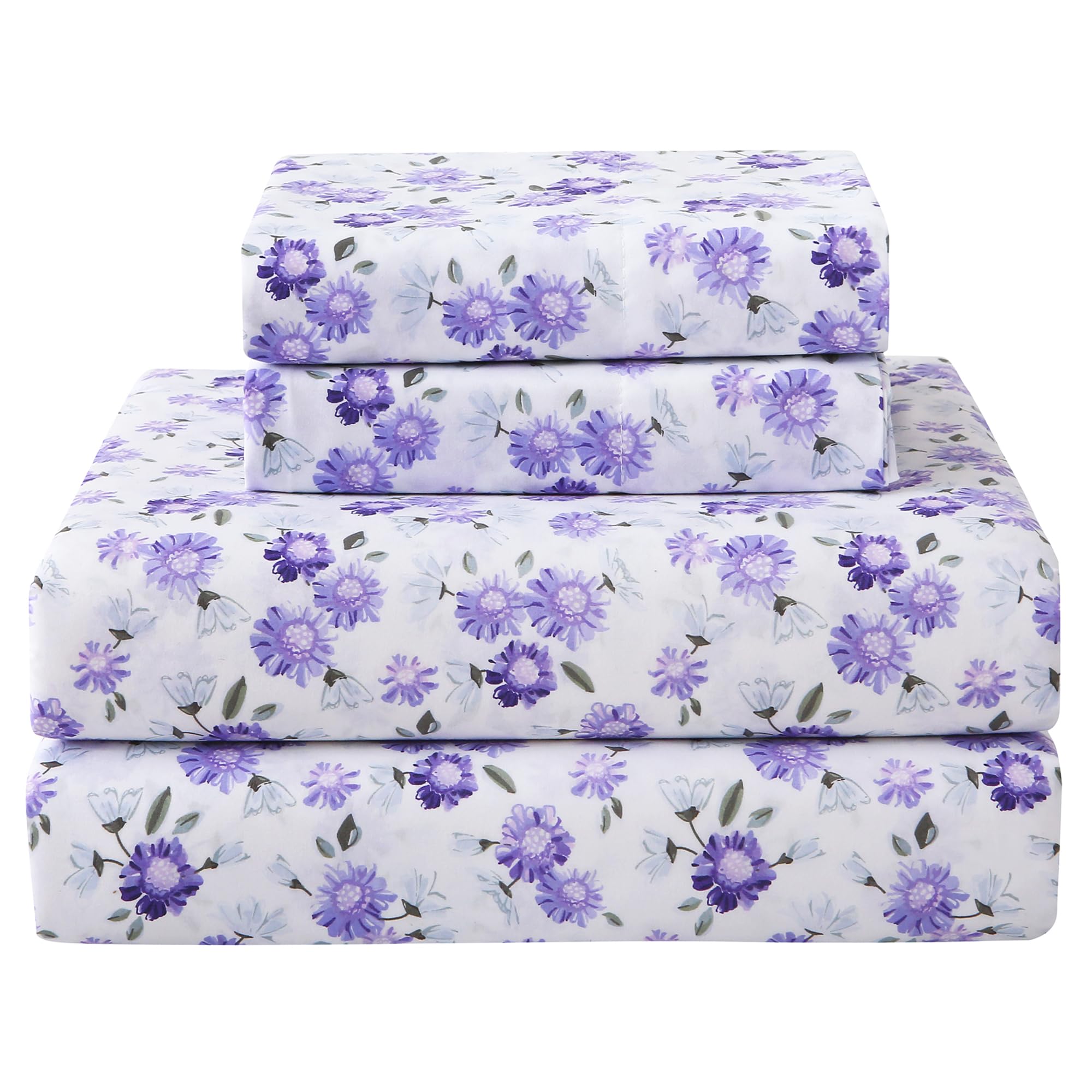 Softan purple floral queen sheet close-up shows ultra-soft fabric texture for comfortable sleep.