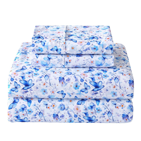 Softan queen floral sheets with blue butterfly pattern for breathable comfort