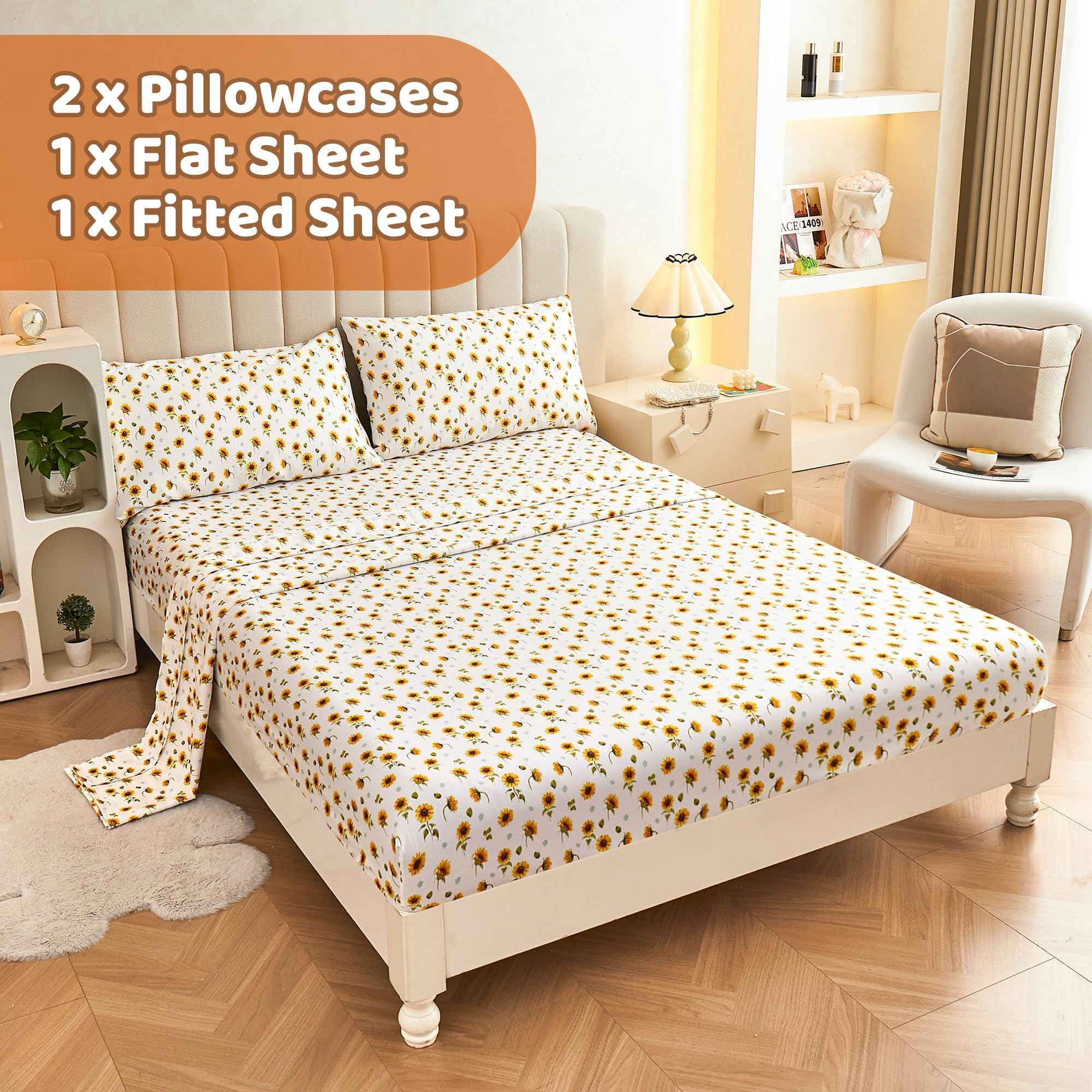 Softan sunlit sunflower pattern enhances cozy bedroom ambiance.