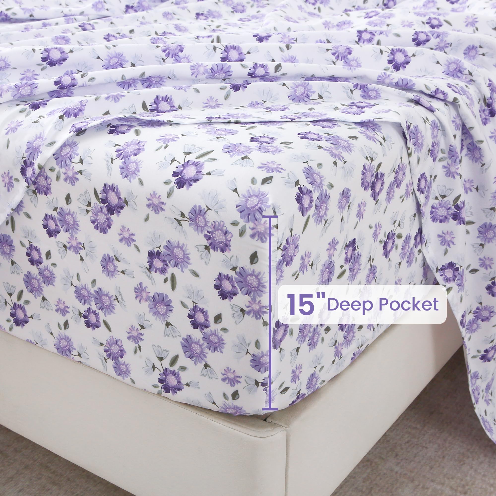 Softan white flower pattern printed queen sheet set ready for a fresh bedroom look.
