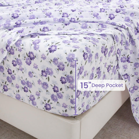 Softan white flower pattern printed queen sheet set ready for a fresh bedroom look.