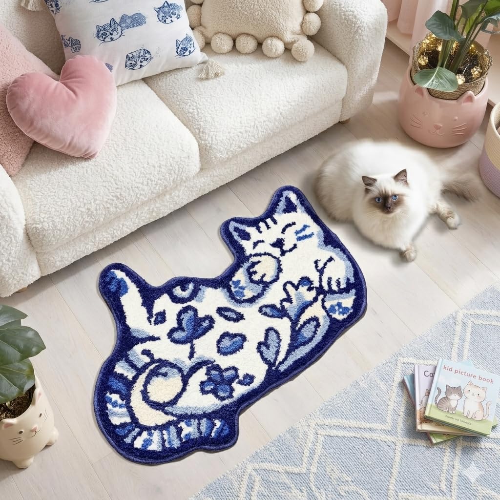 Softania Blue Delft Cat Pattern adds porcelain-inspired decor to small bathrooms
