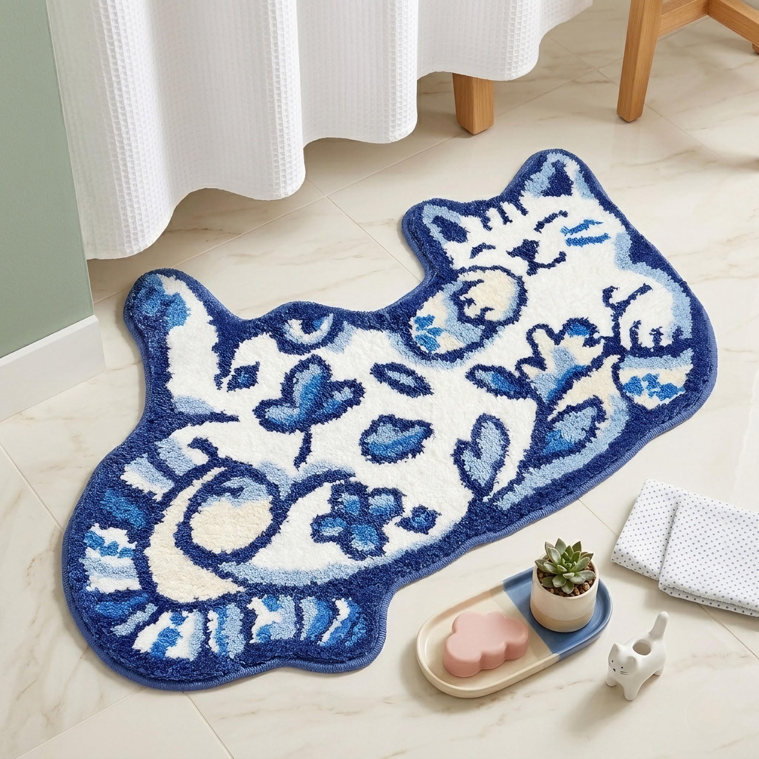 Softania Blue Delft Cat Rug in cat shape adds playful charm and safety to the bathroom