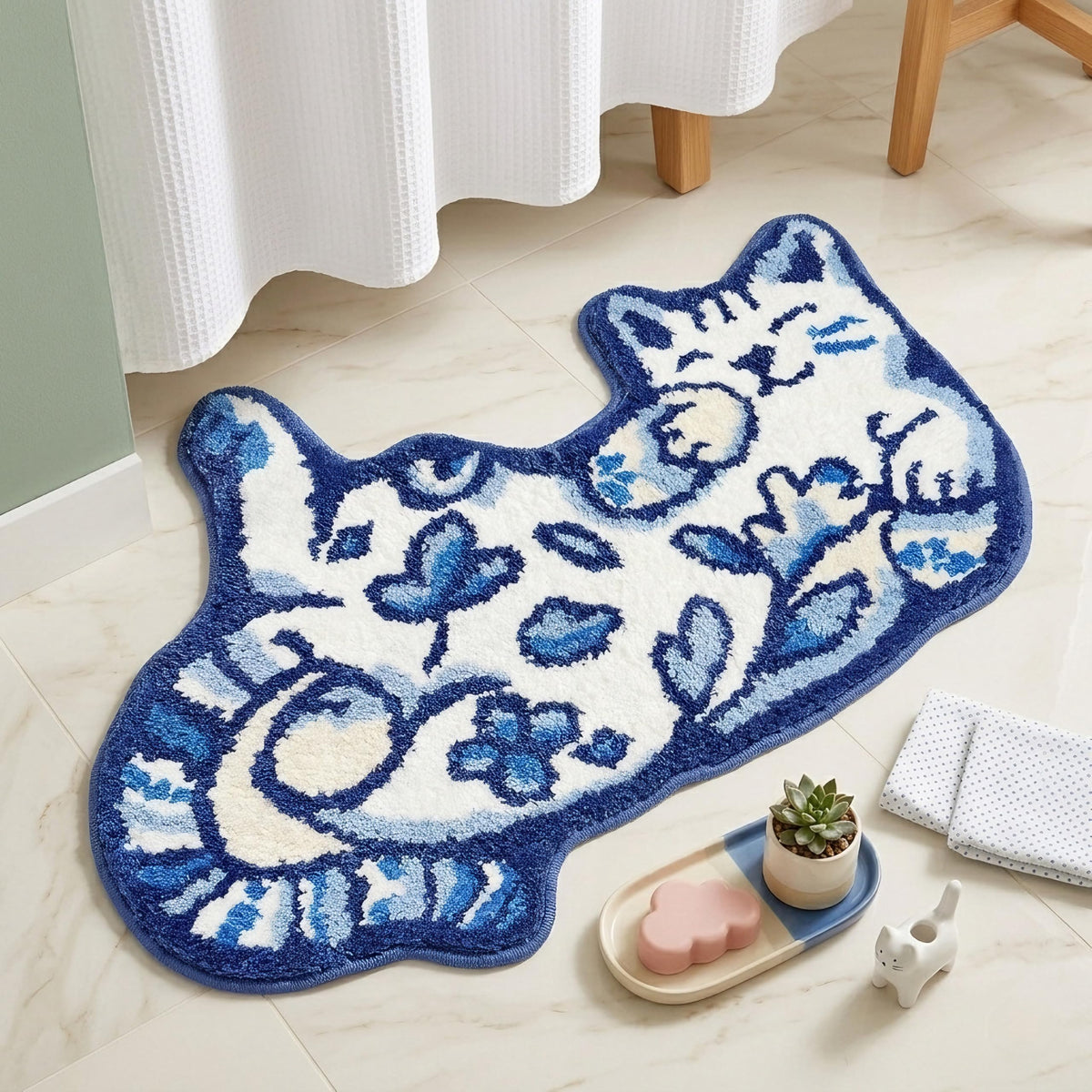 Softania Blue Delft Cat Rug in cat shape adds playful charm and safety to the bathroom