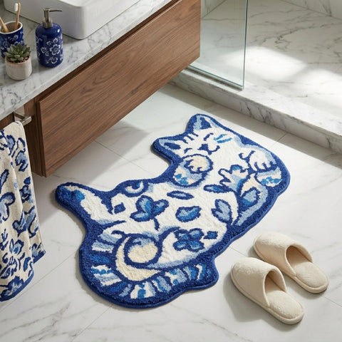Softania Blue Delft Cat Rug with plush microfiber for a soft, warm post-shower step