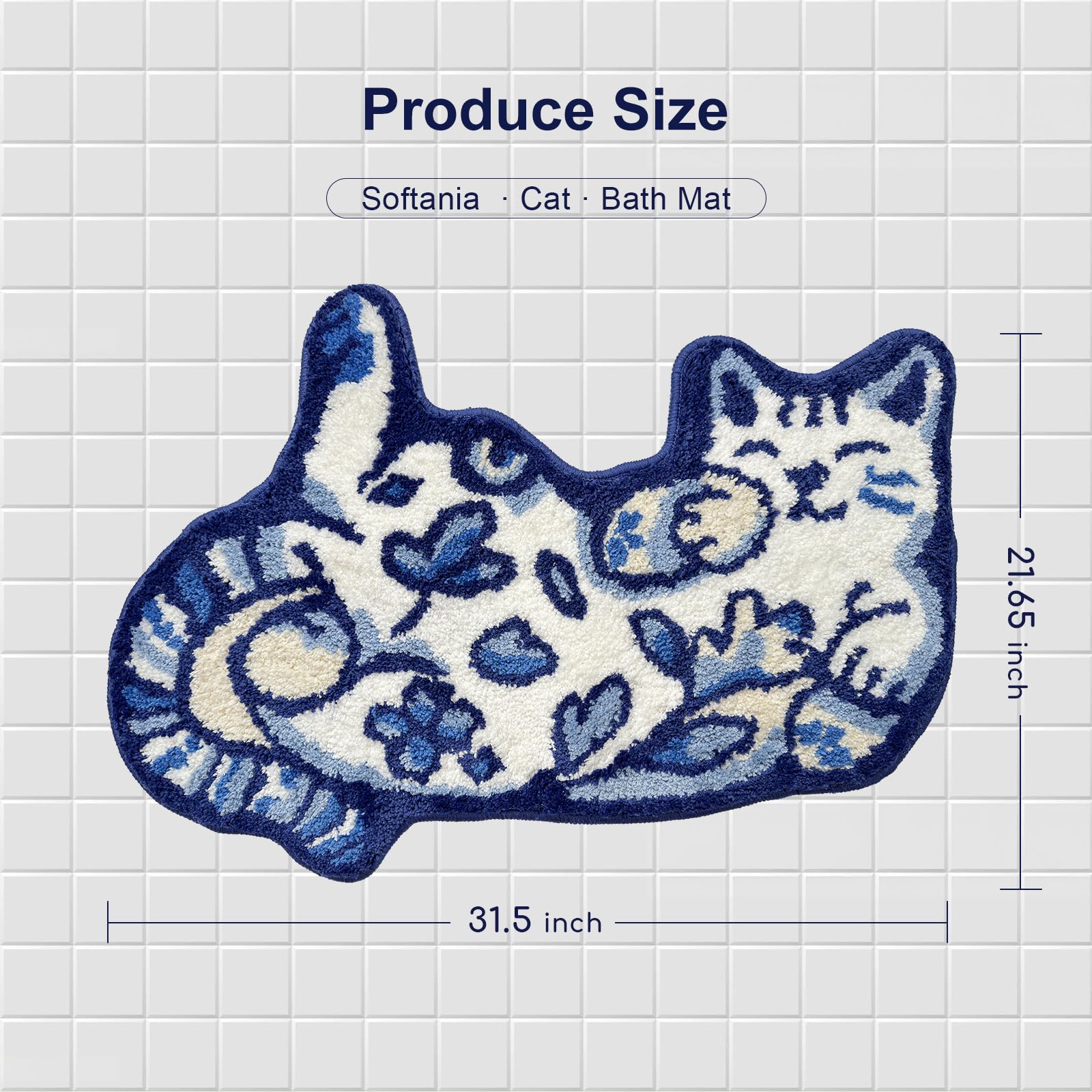 Softania Blue Delft Cat Rug stays in place, reducing slips near the shower