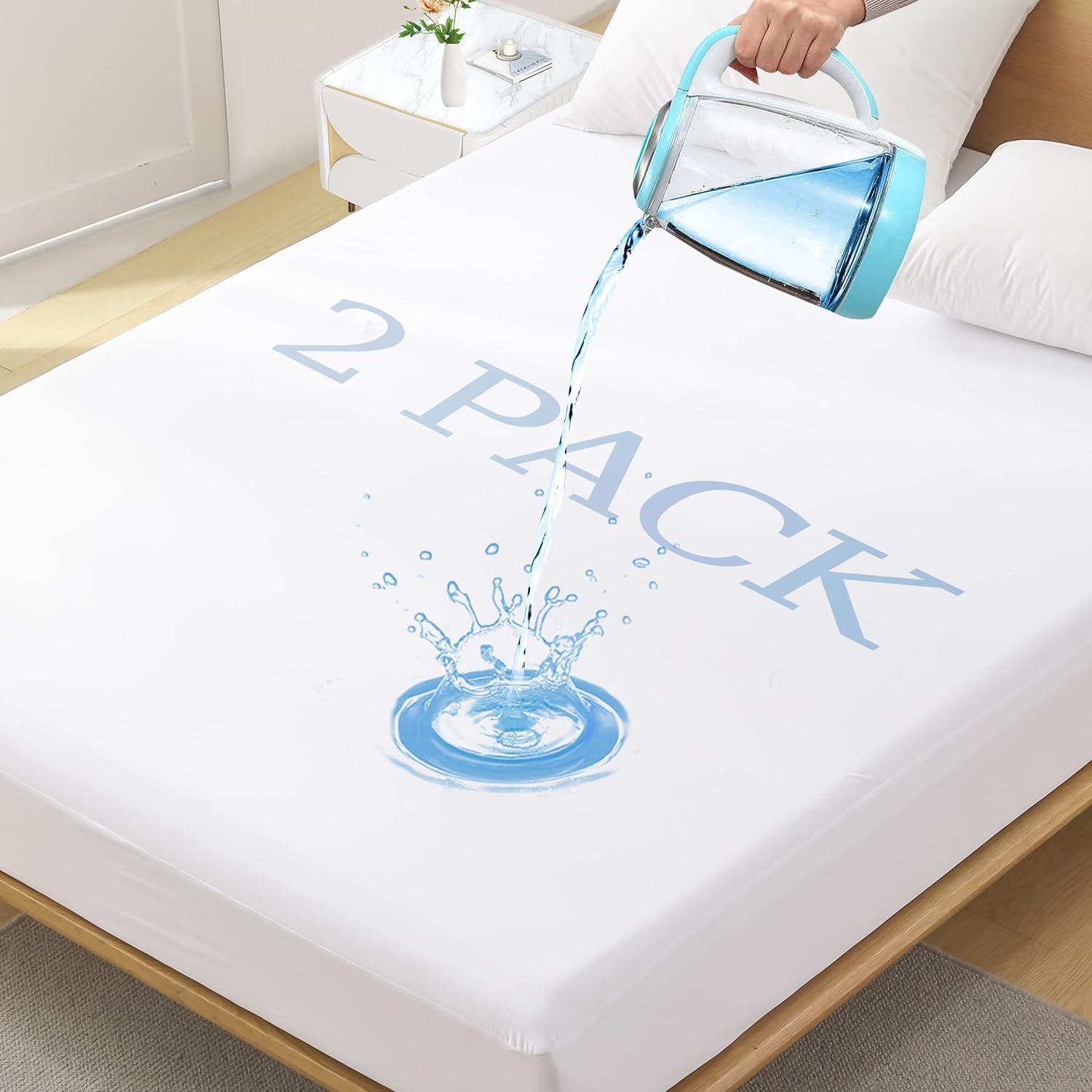 Softhour full-size waterproof mattress protector 2-pack packaging guarding against spills