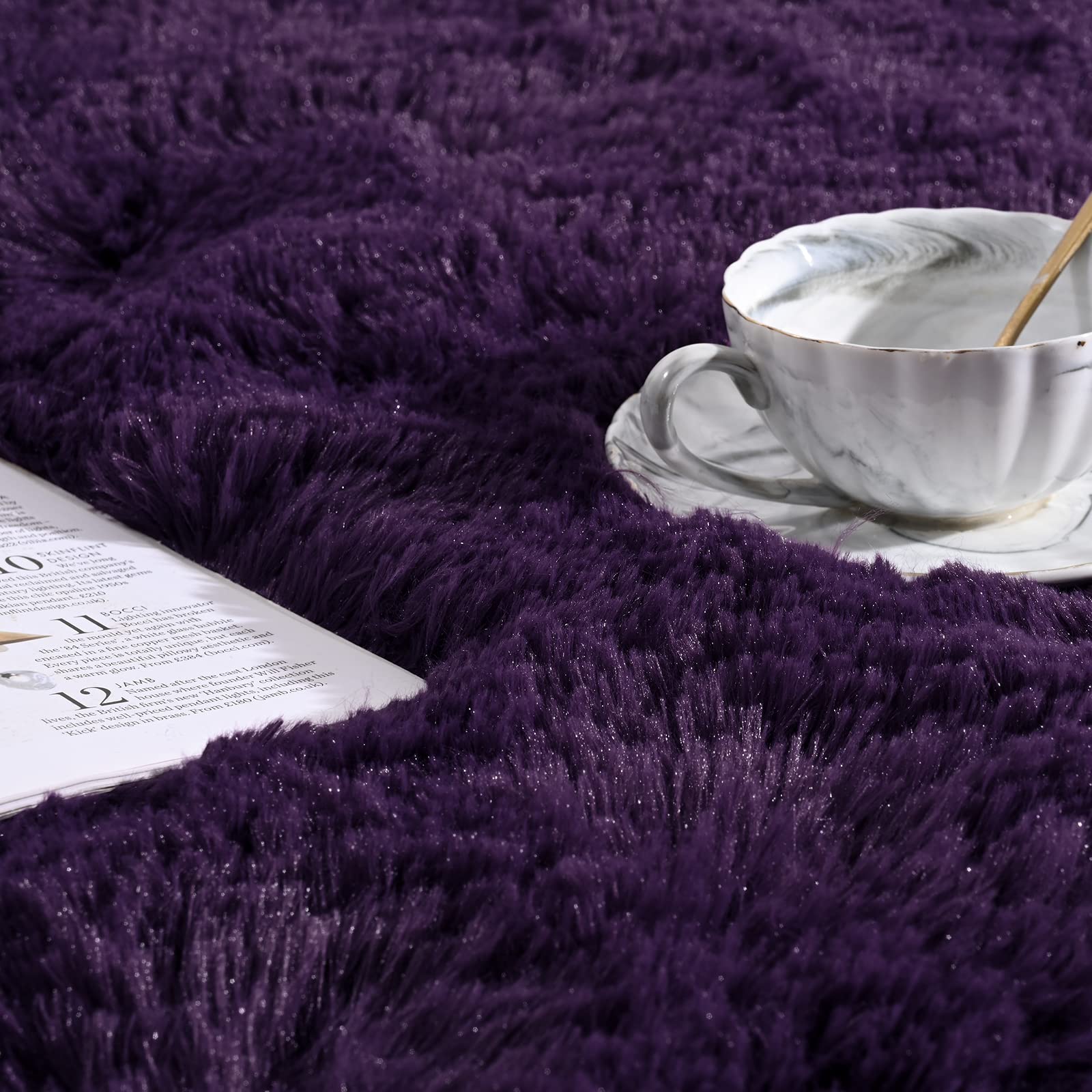 Softlife purple shag rug bedding decor enhances bedroom style and comfort.