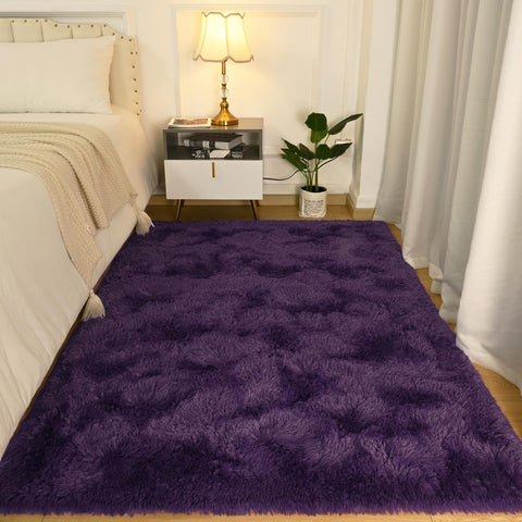 Softlife purple shag rug bedside setup offers cozy warmth and plush underfoot.