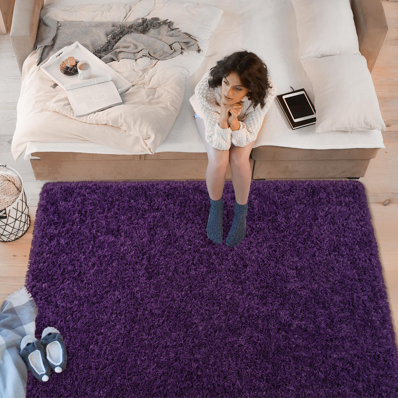 Softlife purple shag rug dorm room delivers comfort underfoot during study and rest.