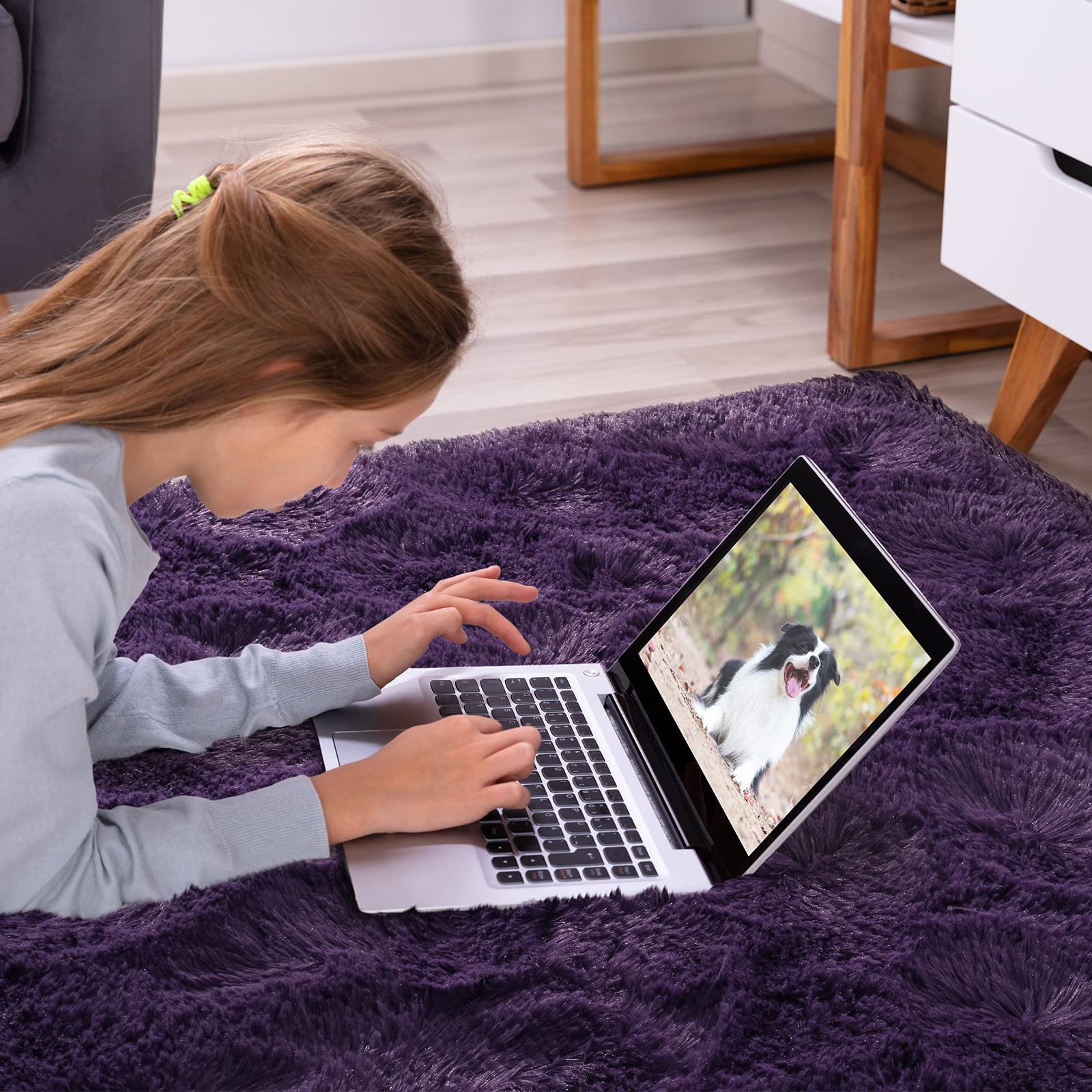 Softlife purple shag rug kids room warmth and easy floor padding.