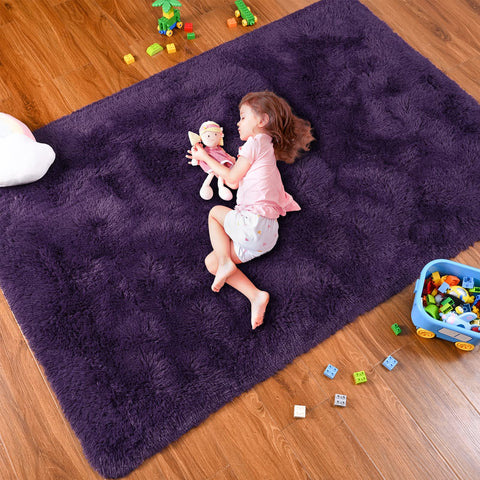 Softlife purple shag rug living room cozy corner adds sound dampening and luxe texture.