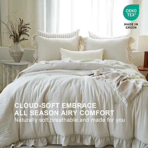 Softpage beige ruffle shams elevate bed styling with farmhouse charm.