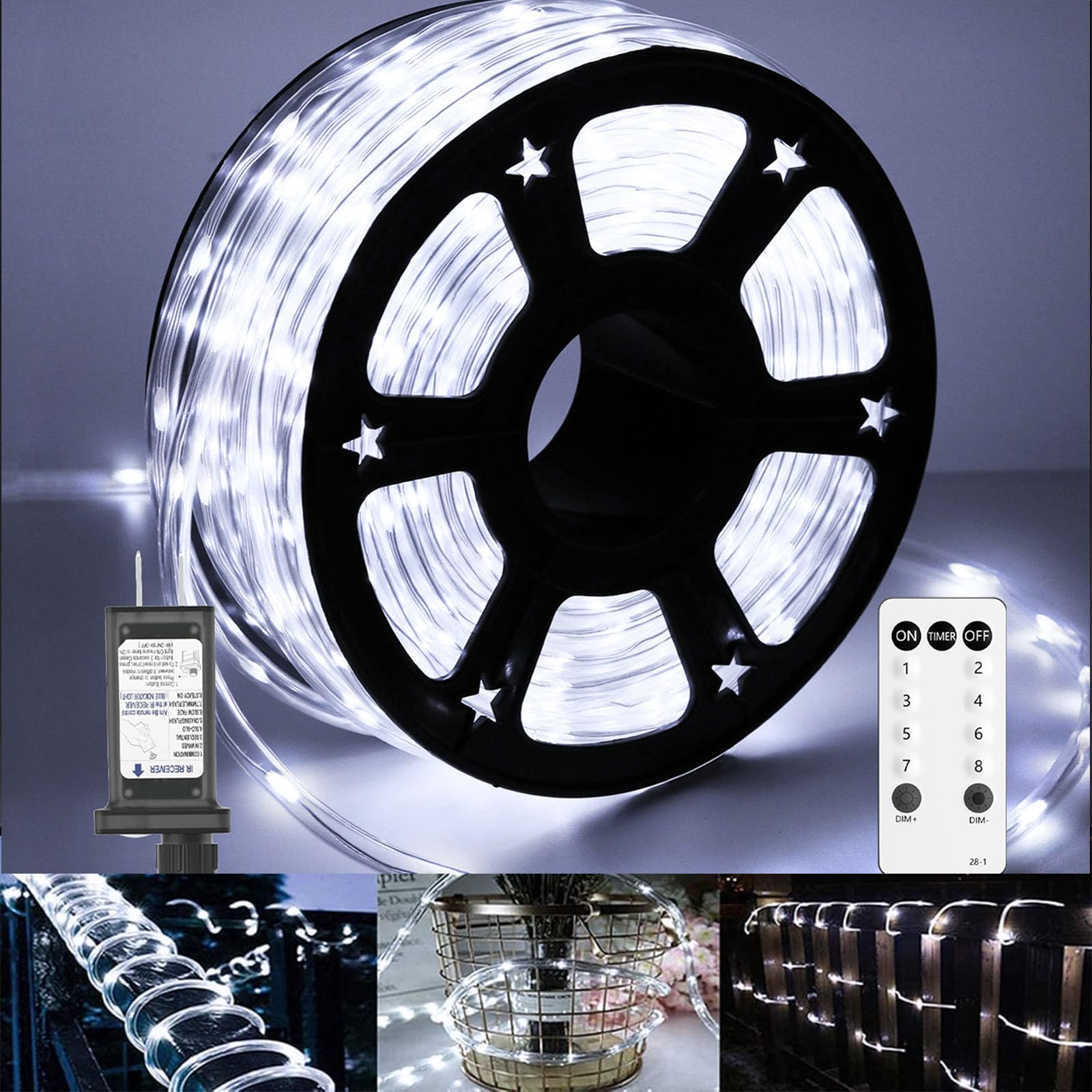 Soiarllt 100ft LED rope light for outdoor setup, creates festive ambiance.
