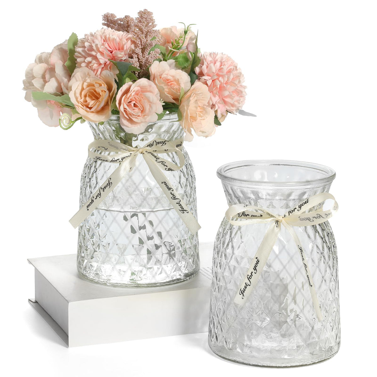 SOJOCK 2PACK glass vases, diamond-pattern front view, ideal for elegant centerpieces.