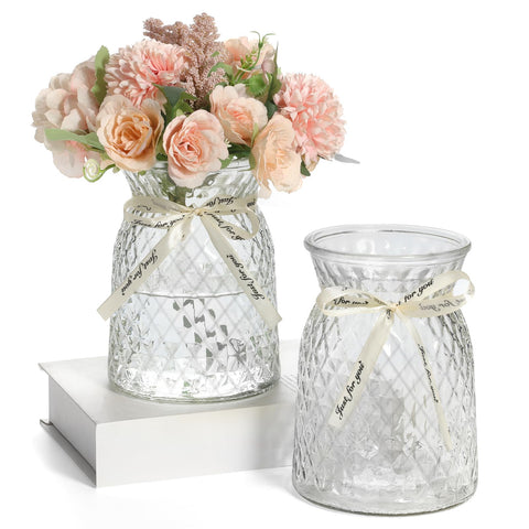 SOJOCK 2PACK glass vases, diamond-pattern front view, ideal for elegant centerpieces.