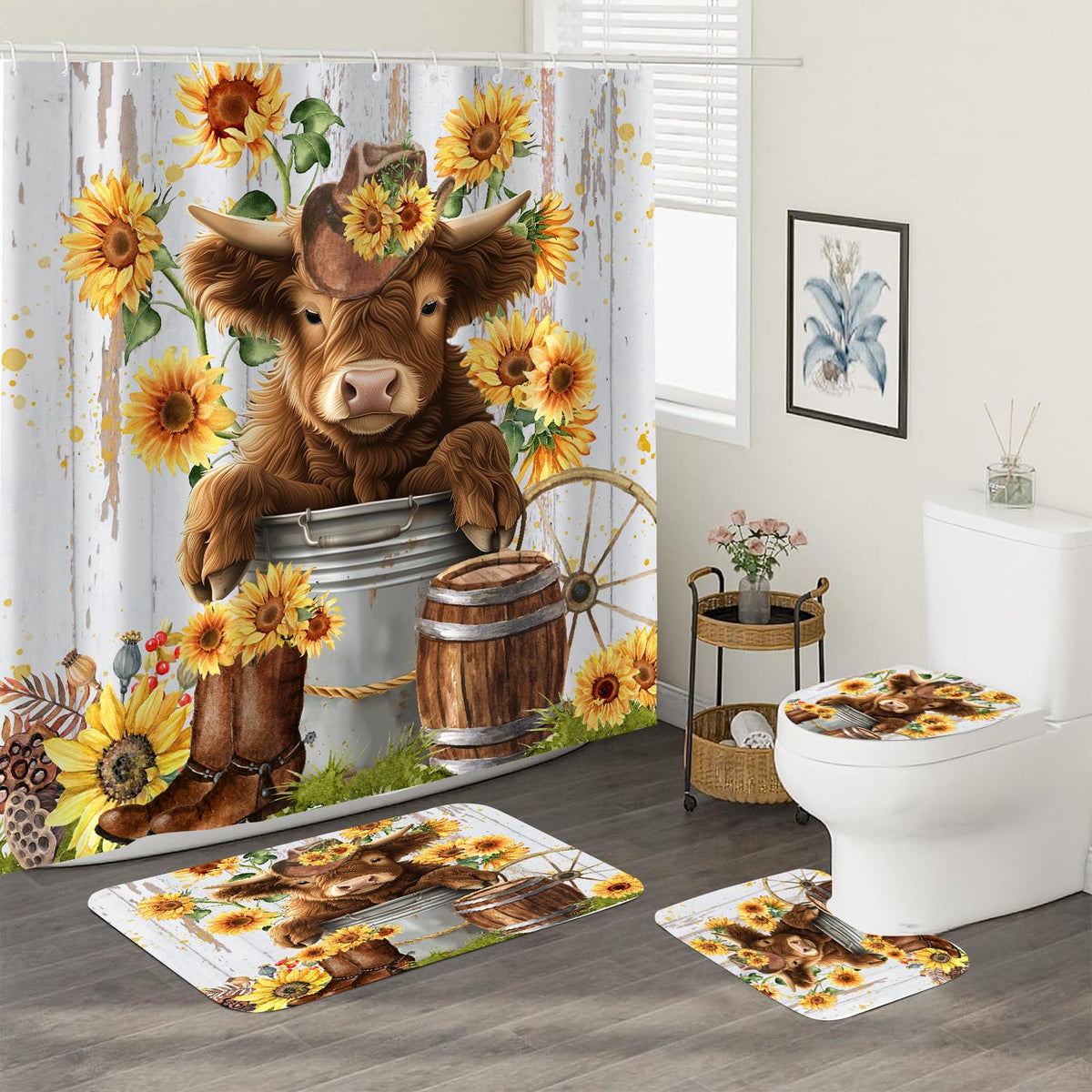 Sokdcam Highland cow shower curtain 72x72 adds cozy farmhouse charm to bathrooms.