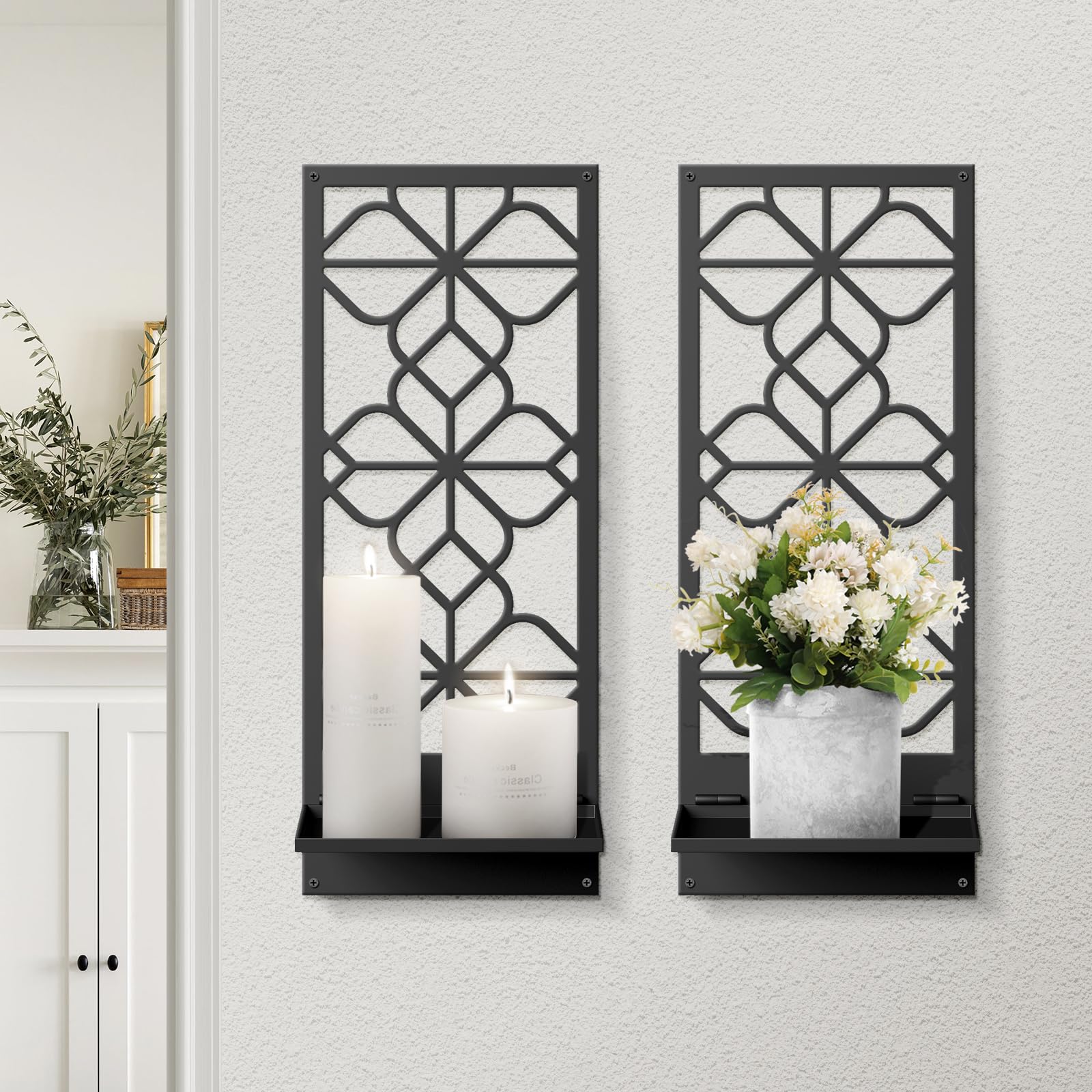 Sokurdeg black metal wall art candle holder set on wall for cozy ambience.